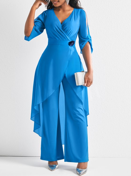 Lightweight Light Blue Long Flare Leg V Neck Jumpsuit