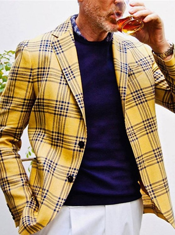 Men's Suits Cocktail Attire Blazer Formal Evening Wedding Party Birthday Party Fashion Casual Spring &  Fall Polyester Plaid / Check Geometic Pocket Casual / Daily Single Breasted Blazer Yellow