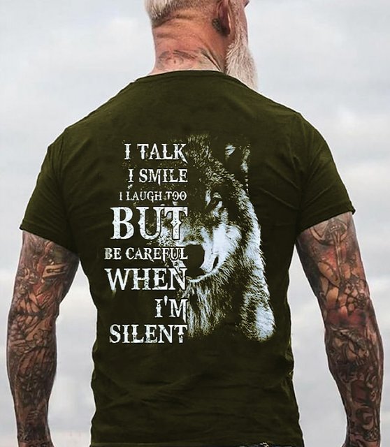 I Talk Smile Laugh Too But Be Careful When 'M Silent Mens 3D Shirt | Black Winter Cotton | Men'S Tee Graphic Animal Wolf Crew Neck Clothing Apparel 3D Print Outdoor Casual Short Sleeve Fashion
