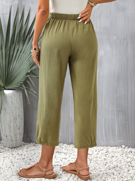 Pocket Olive Green Regular Elastic Waist Pants