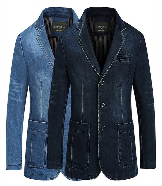Men's Blazer Denim Jacket Jean Jacket Sport Jacket Sport Coat Going out Button Down Collar Casual Daily Jacket Outerwear Solid Color Light Blue Navy Blue / Cotton / Cotton
