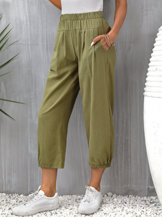 Pocket Olive Green Regular Elastic Waist Pants