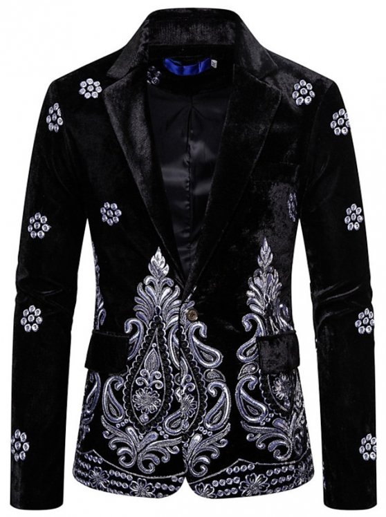 Men's Blazer Performance Ceremony Embroidered Pocket Fall Winter Floral Elegant & Luxurious Glamorous & Dramatic Regular Regular Fit Black Wine Royal Blue Jacket