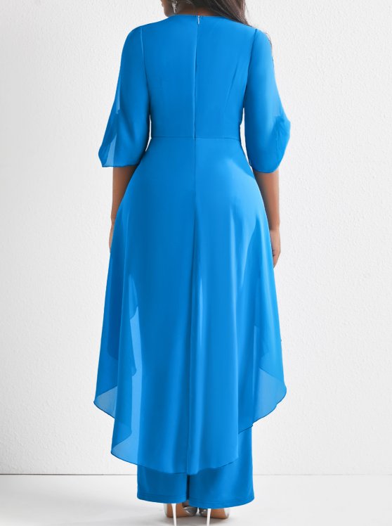 Lightweight Light Blue Long Flare Leg V Neck Jumpsuit