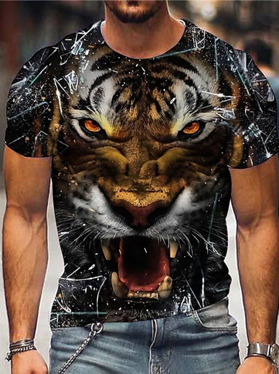 Tiger Casual Mens 3D Shirt | Brown Summer Cotton | Men'S Unisex Tee Animal Graphic Prints Crew Neck 3D Daily Holiday Short Sleeve Clothing Apparel Designer