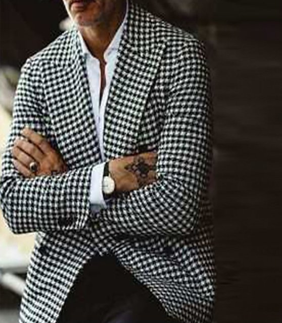 Men's Jacket Blazer Wedding Dailywear Windproof Pocket Retro Winter Plaid / Check Streetwear Casual Turndown Regular Regular Fit White+Black Jacket