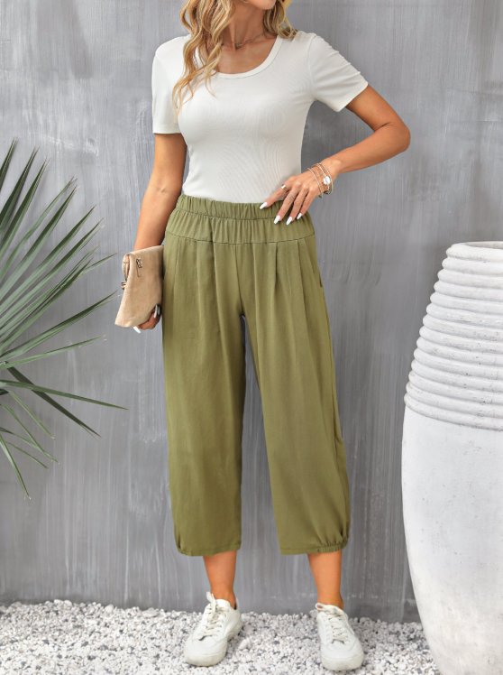 Pocket Olive Green Regular Elastic Waist Pants