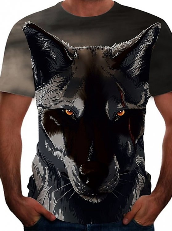 Wolf Casual Mens 3D Shirt | Grey Summer Cotton | Men'S Tee Graphic Animal Crew Neck Gray 3D Print Plus Size Street Causal Short Sleeve Clothing Apparel Active