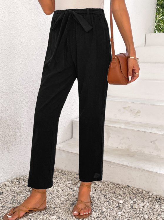 Bowknot Black Elastic Waist High Waisted Pants
