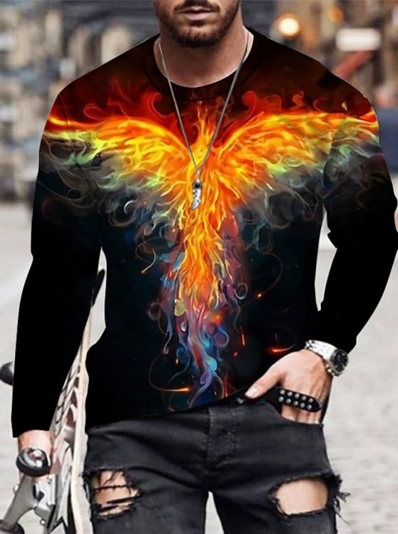 Men's T shirt Tee Phoenix Crew Neck Yellow 3D Print Outdoor Street Long Sleeve Print Clothing Apparel Sports Fashion Sportswear Casual