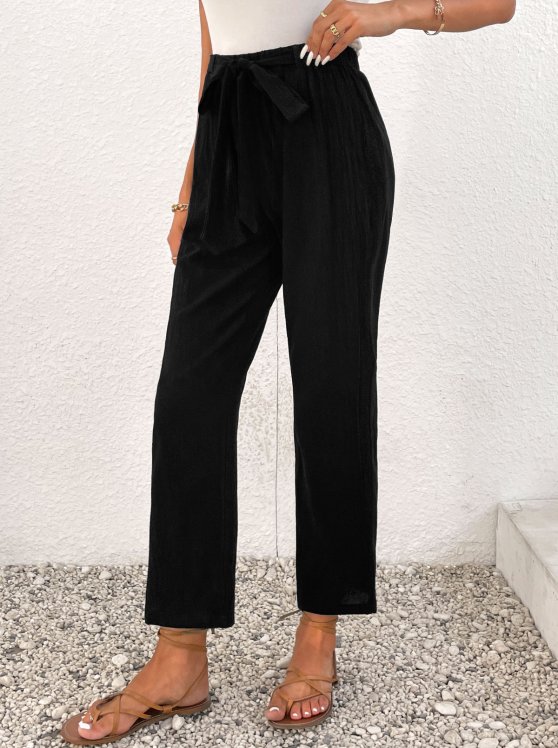 Bowknot Black Elastic Waist High Waisted Pants
