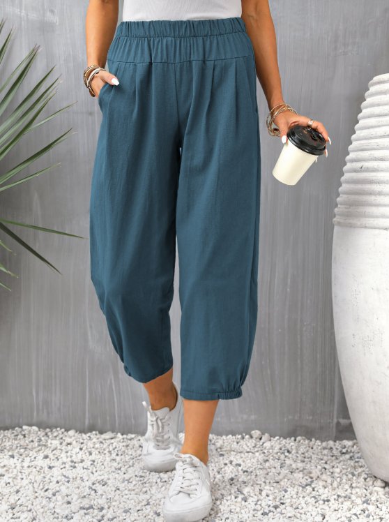 Pocket Peacock Blue Elastic Waist Pants