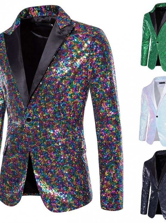 Male Blazer Party / Cocktail Bar Reflective Logo Sequin All Seasons Sequin Traditional / Classic Lapel Regular Silver White Dark Navy Green Rainbow Jacket
