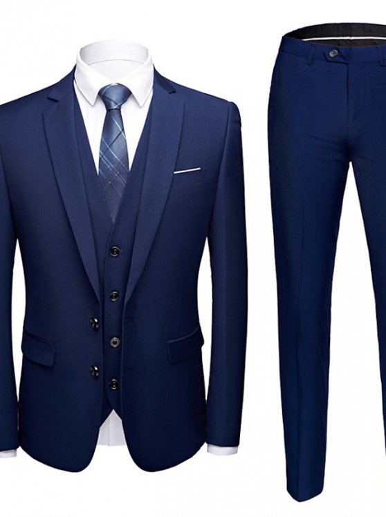 Men's Set Suits Blazer Business Formal Evening Wedding Party Top Fashion Casual Spring Fall Polyester Plain Pocket 3-Piece Single Breasted Two-button Blazer Black Burgundy Navy Blue Light Grey
