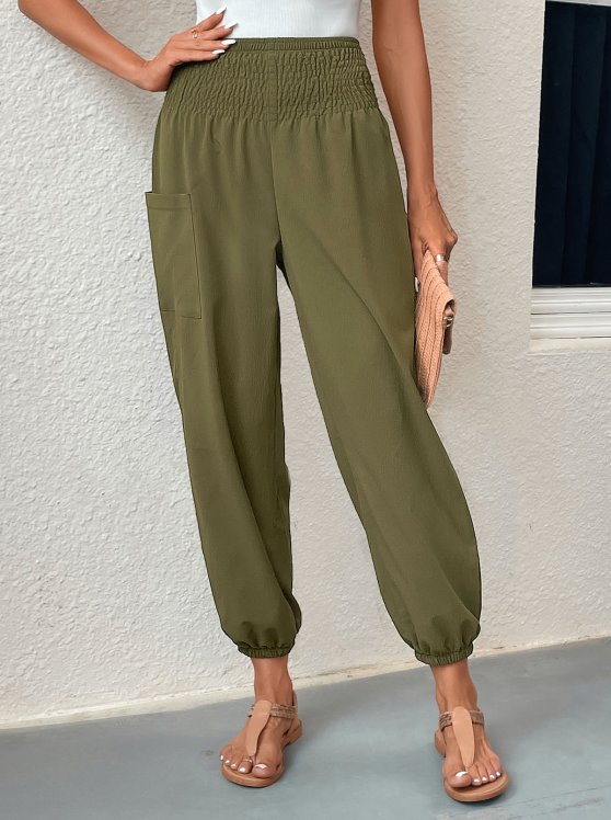 Smocked Blackish Green Regular Elastic Waist Pants