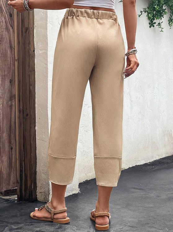 Pocket Light Camel Elastic Waist High Waisted Pants