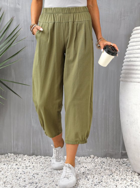 Pocket Olive Green Regular Elastic Waist Pants