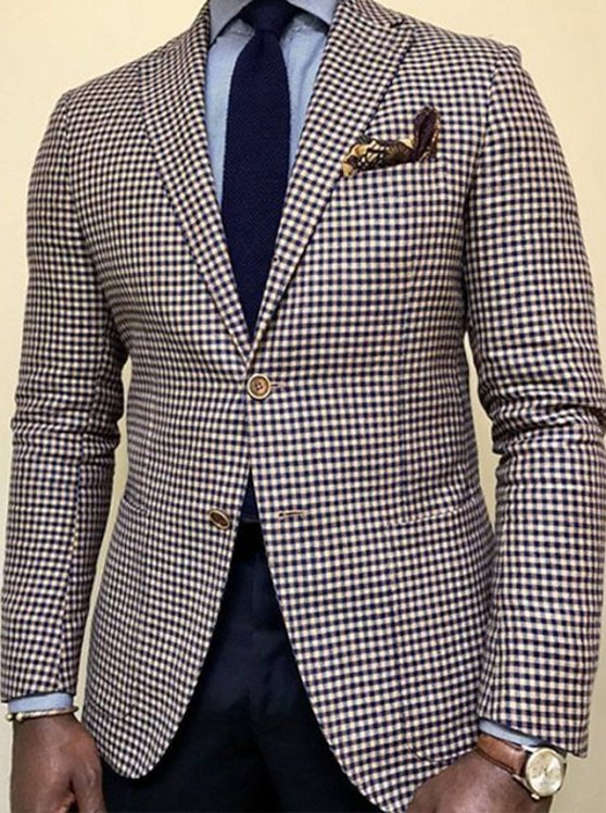 Men's Suits Blazer Formal Evening Wedding Party Birthday Party Fashion Casual Spring &  Fall Polyester Plaid / Check Pocket Casual / Daily Single Breasted Blazer Blue Brown