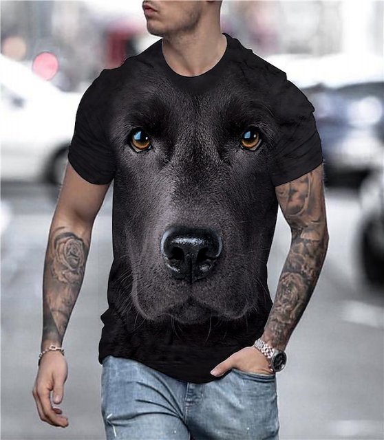 Dog Street Mens 3D Shirt | Black Summer Cotton | Men'S Tee Animal Round Neck Yellow 3D Print Plus Size Party Daily Short Sleeve Clothing Apparel Streetwear Chic &