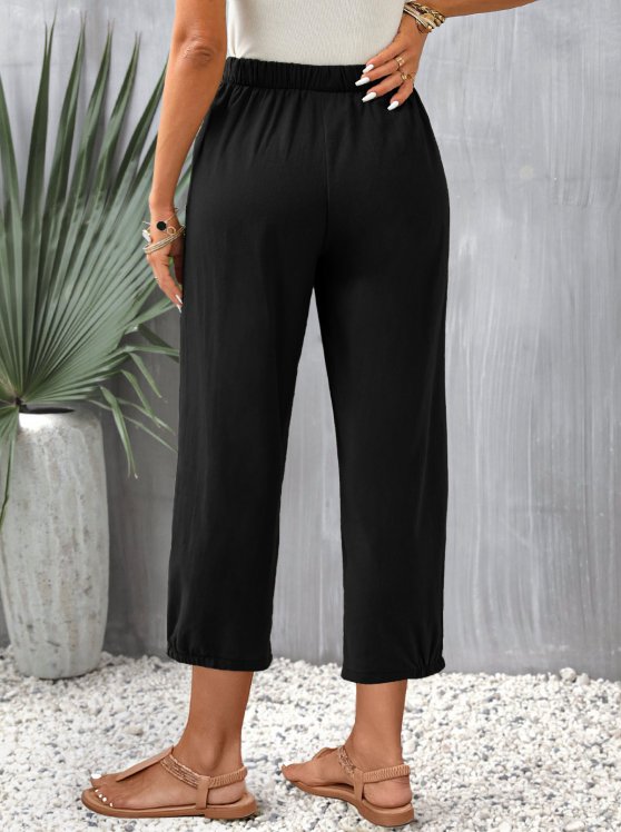 Pocket Black Elastic Waist High Waisted Pants