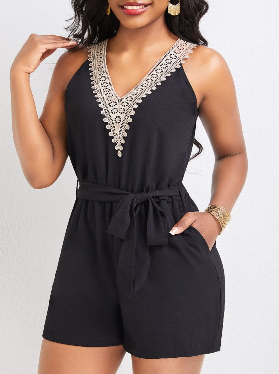 Patchwork Black Belted Short Regular V Neck Romper