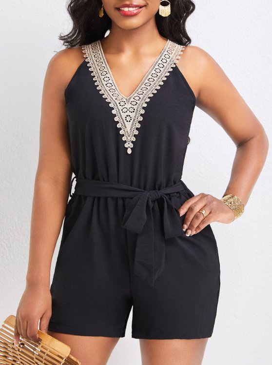Patchwork Black Belted Short Regular V Neck Romper