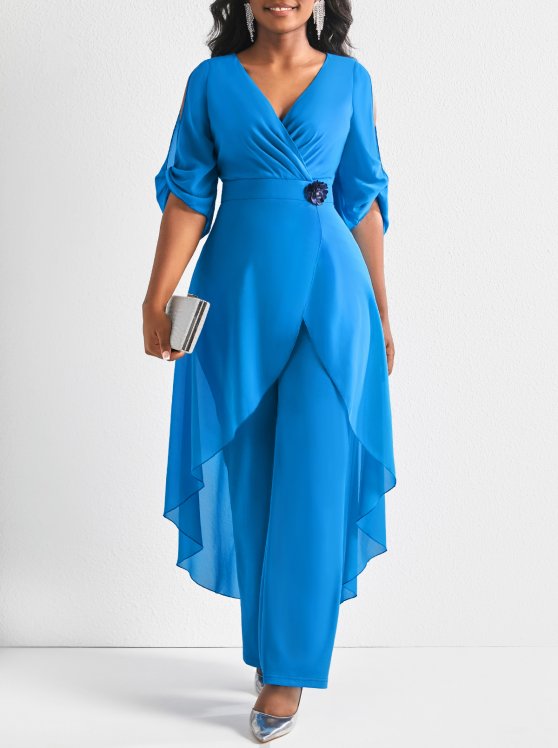 Lightweight Light Blue Long Flare Leg V Neck Jumpsuit