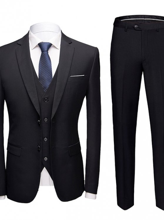 Men's Set Suits Blazer Business Formal Evening Wedding Party Top Fashion Casual Spring Fall Polyester Plain Pocket 3-Piece Single Breasted Two-button Blazer Black Burgundy Navy Blue Light Grey