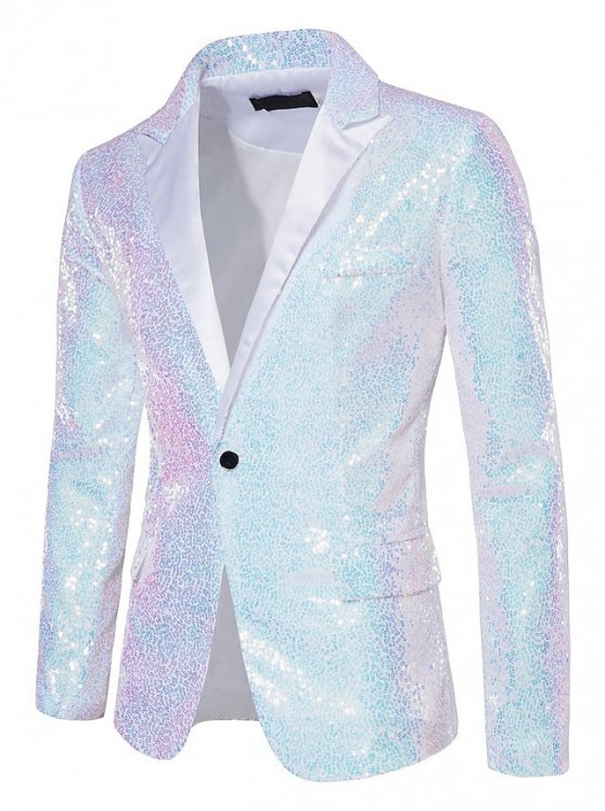 Male Blazer Party / Cocktail Bar Reflective Logo Sequin All Seasons Sequin Traditional / Classic Lapel Regular Silver White Dark Navy Green Rainbow Jacket