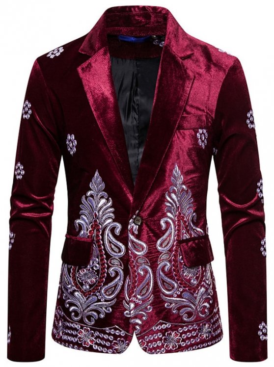 Men's Blazer Performance Ceremony Embroidered Pocket Fall Winter Floral Elegant & Luxurious Glamorous & Dramatic Regular Regular Fit Black Wine Royal Blue Jacket