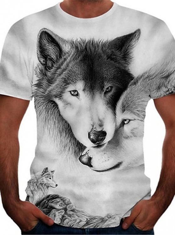 Wolf Casual Mens 3D Shirt | Grey Summer Cotton | Men'S Tee Graphic Animal Crew Neck Gray 3D Print Plus Size Street Causal Short Sleeve Clothing Apparel Active