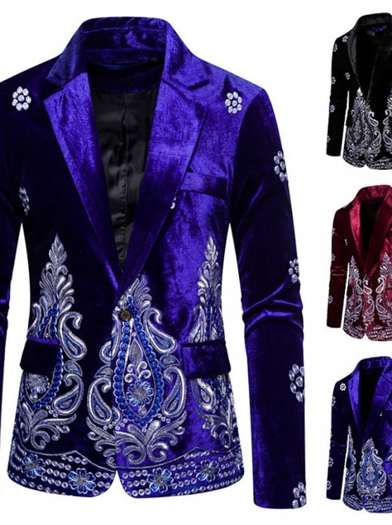 Men's Blazer Performance Ceremony Embroidered Pocket Fall Winter Floral Elegant & Luxurious Glamorous & Dramatic Regular Regular Fit Black Wine Royal Blue Jacket
