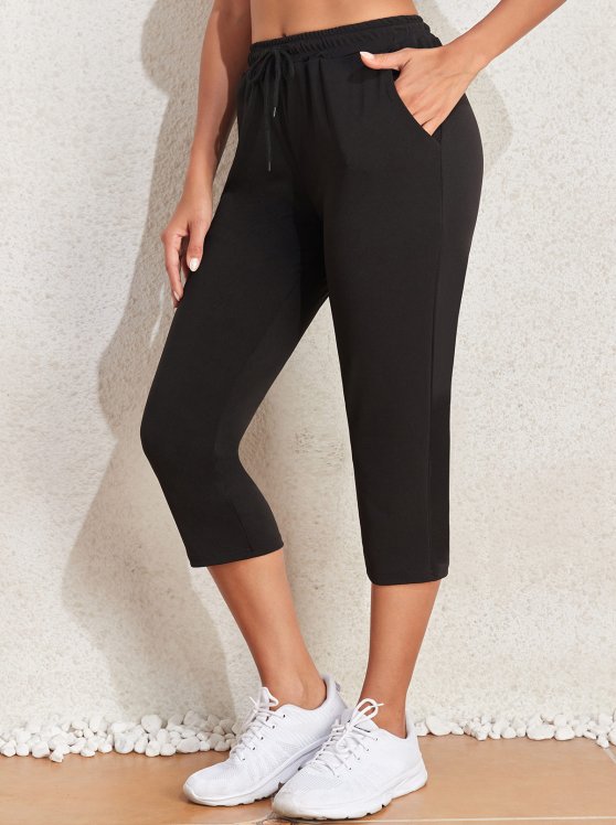 Pocket Black Regular Drawastring High Waisted Pants