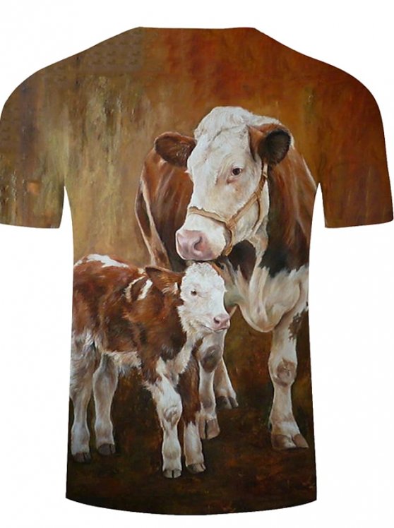 Cow And Calf Casual Mens 3D Shirt | Brown Summer Cotton | Men'S Unisex Tee Animal Graphic Prints Crew Neck Red White Yellow Rainbow 3D Plus Size Daily Short