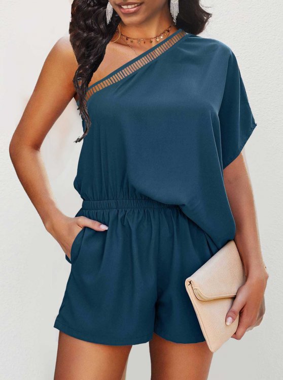 Peacock Blue One Shoulder Pocket Romper