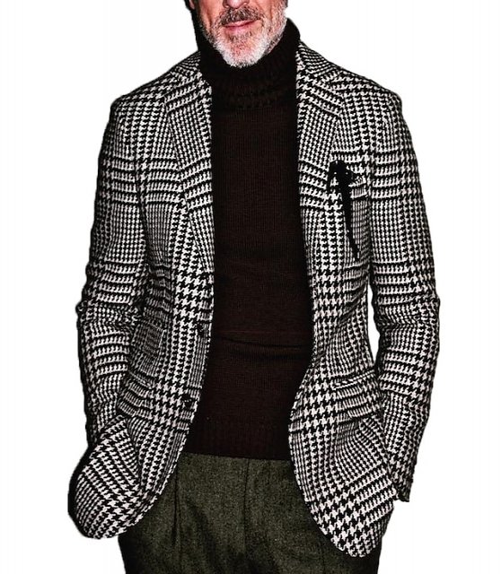Men's Jacket Blazer Office Cocktail Attire Breathable Pocket Spring Fall Stripes and Plaid 1920s Formal Turndown Regular Regular Fit Black Jacket