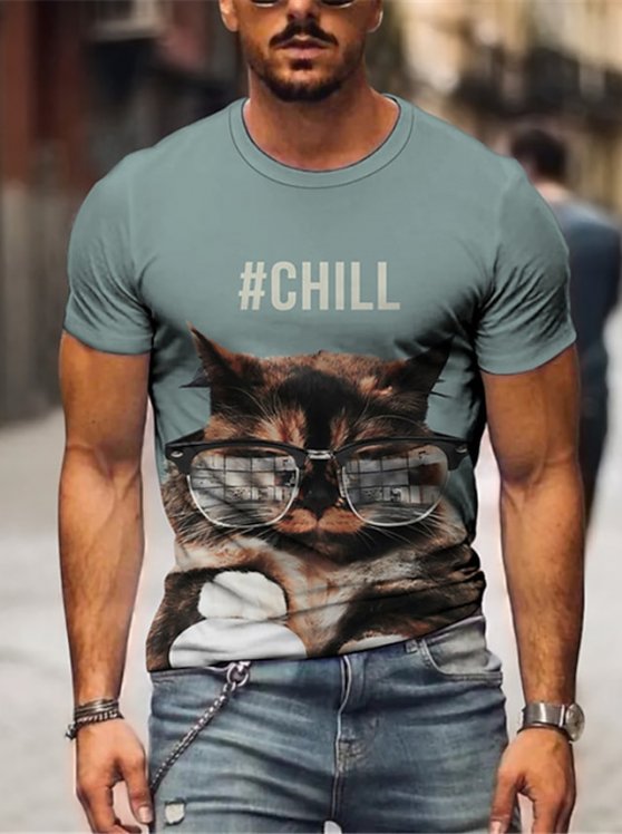 Cats Casual Mens 3D Shirt | Black Summer Cotton | Men'S Tee Funny Shirts Animal Crew Neck 3D Print Plus Size Daily Short Sleeve Clothing Apparel Designer Basic Slim Fit Big