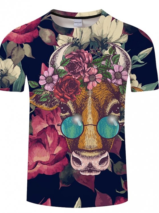 Cow And Calf Casual Mens 3D Shirt | Brown Summer Cotton | Men'S Unisex Tee Animal Graphic Prints Crew Neck Red White Yellow Rainbow 3D Plus Size Daily Short