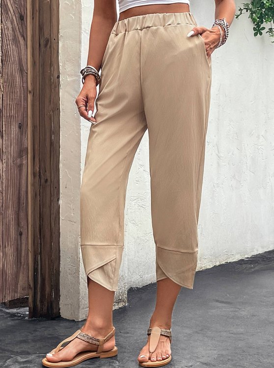 Pocket Light Camel Elastic Waist High Waisted Pants