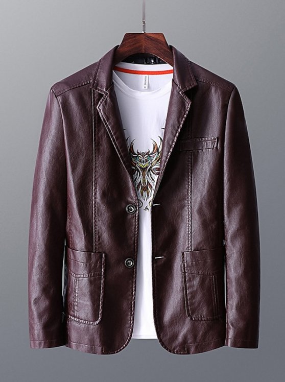 Men's Faux Leather Jacket Cocktail Attire Blazer Daily Wear Vacation Comfort Leisure Fall Winter PU Acetate Fiber Solid / Plain Color Pocket Warm Durable Single Breasted Blazer Black Red Brown