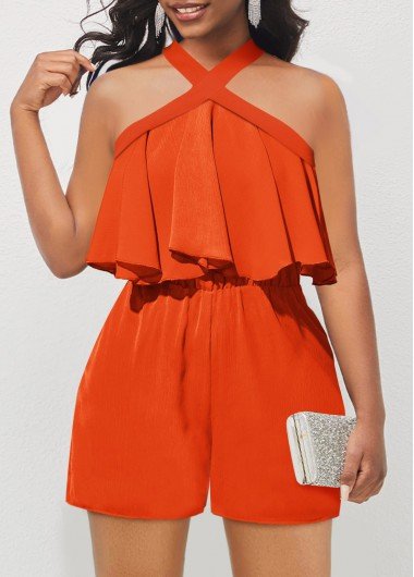 Ruffle Orange Short Cross Collar Sleeveless Romper