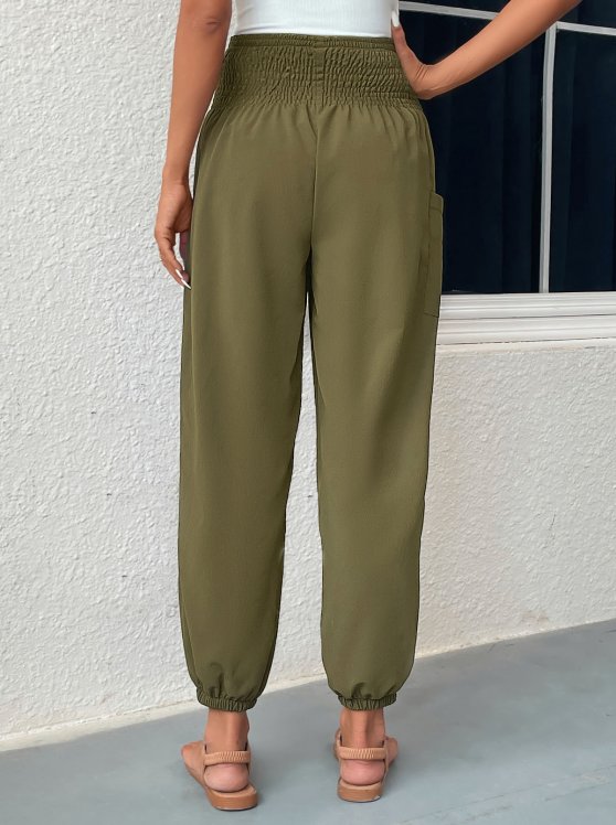 Smocked Blackish Green Regular Elastic Waist Pants