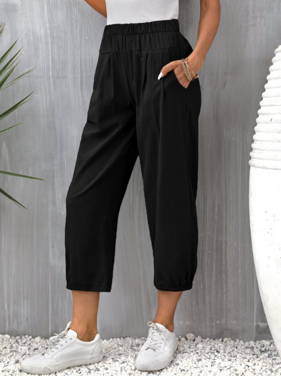 Pocket Black Elastic Waist High Waisted Pants