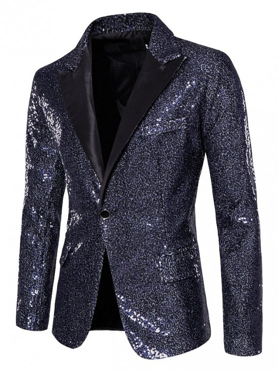 Male Blazer Party / Cocktail Bar Reflective Logo Sequin All Seasons Sequin Traditional / Classic Lapel Regular Silver White Dark Navy Green Rainbow Jacket