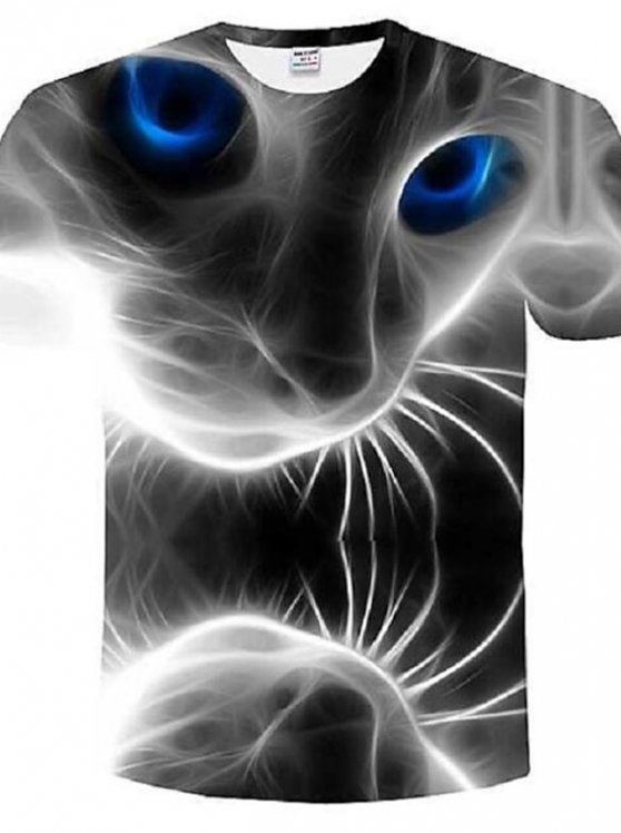 Cat Casual Mens 3D Shirt | Black Summer Cotton | Men'S Tee Graphic Animal Round Neck Gray 3D Print Plus Size Street Daily Short Sleeve Clothing Apparel
