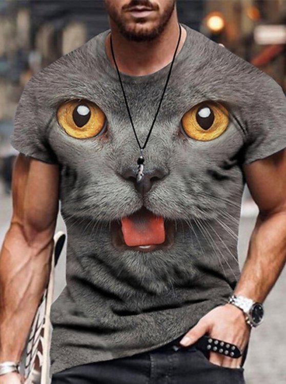 Cats Casual Mens 3D Shirt | Black Summer Cotton | Men'S Tee Funny Shirts Animal Crew Neck 3D Print Plus Size Daily Short Sleeve Clothing Apparel Designer Basic Slim Fit Big