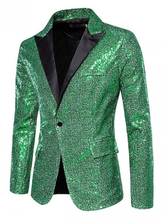 Male Blazer Party / Cocktail Bar Reflective Logo Sequin All Seasons Sequin Traditional / Classic Lapel Regular Silver White Dark Navy Green Rainbow Jacket
