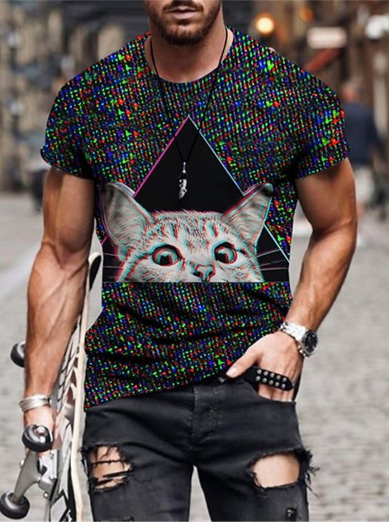 Cats Casual Mens 3D Shirt | Black Summer Cotton | Men'S Tee Funny Shirts Animal Crew Neck 3D Print Plus Size Daily Short Sleeve Clothing Apparel Designer Basic Slim Fit Big