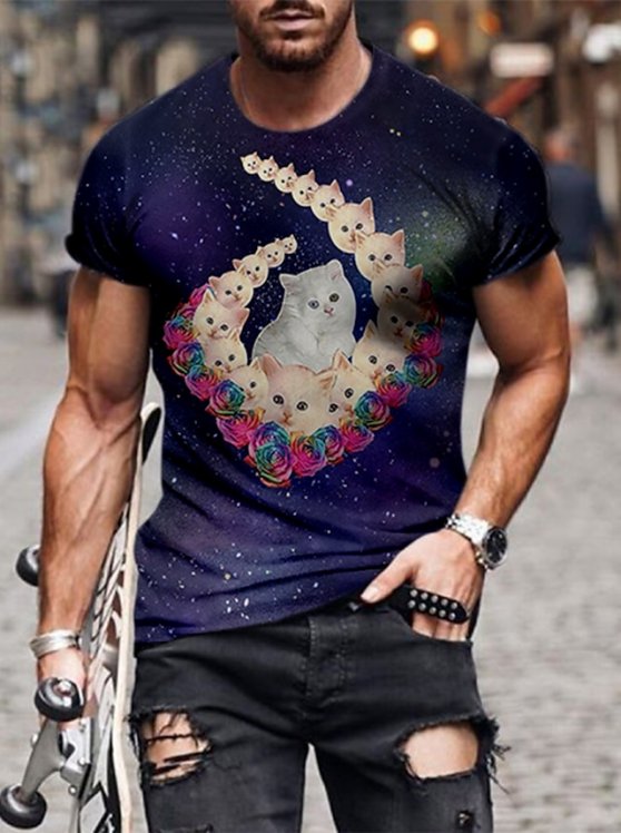 Cats Casual Mens 3D Shirt | Black Summer Cotton | Men'S Tee Funny Shirts Animal Crew Neck 3D Print Plus Size Daily Short Sleeve Clothing Apparel Designer Basic Slim Fit Big