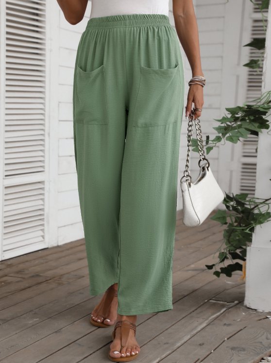 Pocket Sage Green Regular Elastic Waist Pants